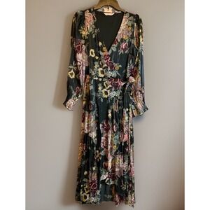LC Lauren Conrad Green Floral Wrap Midi Dress Size Medium Wedding Cocktail